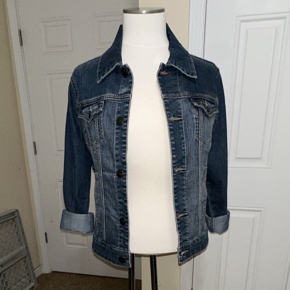 JAG Women’s Blue Denim Jacket S Button Front Collared Pockets Short Long Sleeve